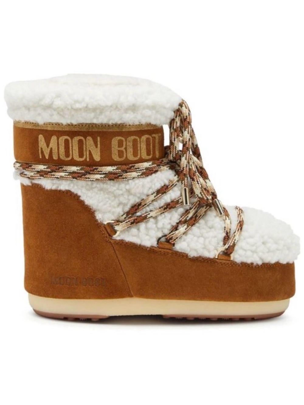 Moon Boot Chestnut and White Sherpa Lace-Up Platform Snow Boot